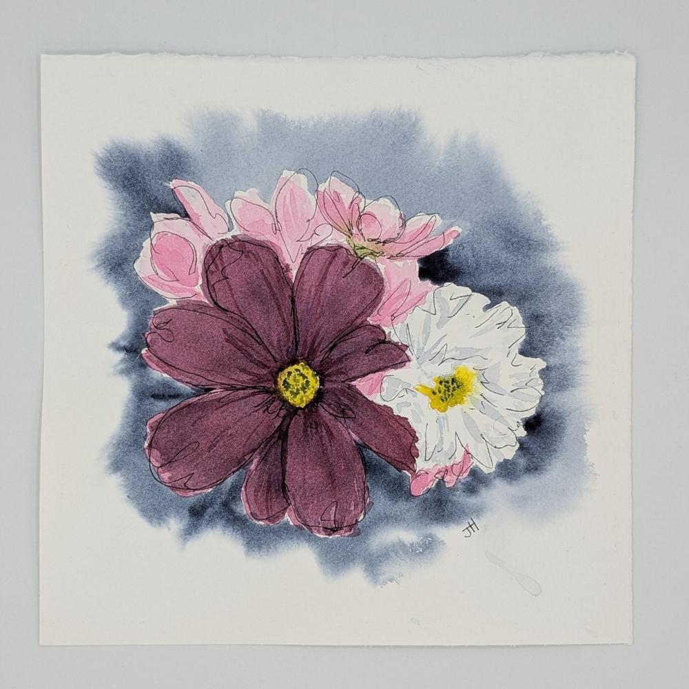Vibrant Floral Watercolour Painting with Pink and Purple Blooms